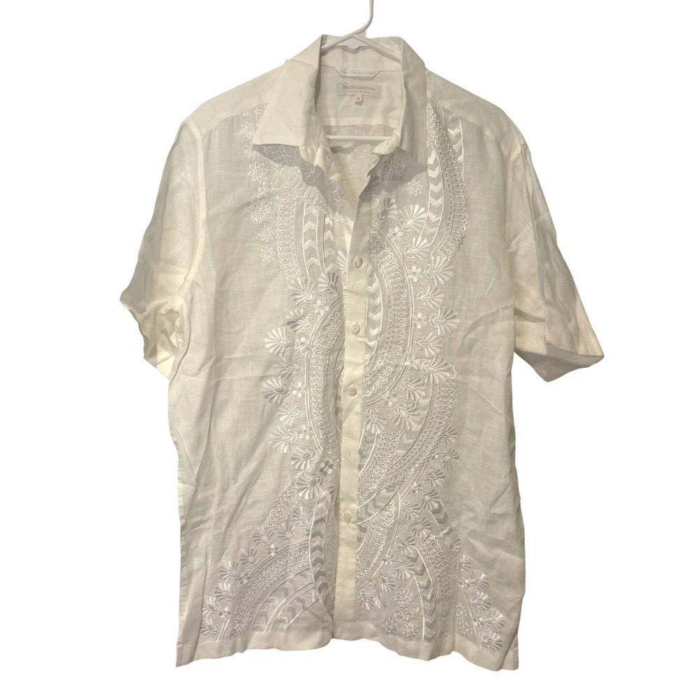 BritishIndia Classics 100% Italian Linen Shirt Mens XL White Embroidered Resort